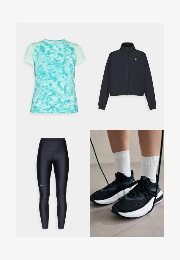 Must Musta tõmblukuga jakk, millel on kõrge krae, elastsed mansetid ja alläär. Omab sujuvat tekstuuri ja rinnal väikest valget logo.; Heledad helesinine lühikeste varrukatega särk, millel on tekstuuriga marmorpind ja võrksisetransid õlavarrel. Ümmargune kaelus.; Mustad mustad, venitatud materjalist, kõrge vöökoht. Vasakul reie kohal on valge logo ning tihe disain.; Mustad mustad jalanõud tekstuuritud kangast, valge tallaga ja mustade paeltega. Kanna valgete soonikkudega sokkide sisse, seistes helesinisel pinnal.