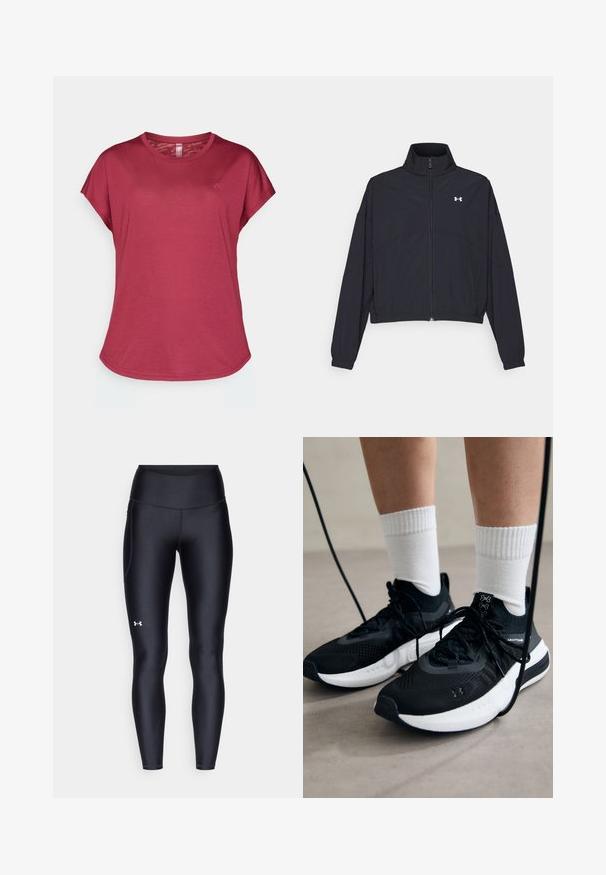 Veste noire zippée avec un col montant, des poignets et un ourlet élastiques. Presentant une texture lisse et un petit logo blanc sur la poitrine.; T-shirt court de couleur baie avec un col rond, texture douce, coupe décontractée et un logo subtil sur le côté gauche à l'avant.; Leggings noirs en matière lisse et extensible avec une taille haute. Présentent un logo blanc sur la cuisse gauche et un design ajusté.; Chaussures de sport noires en tissu texturé, avec une semelle blanche et des lacets noirs. Portées avec des chaussettes blanches côtelées, debout sur une surface claire.