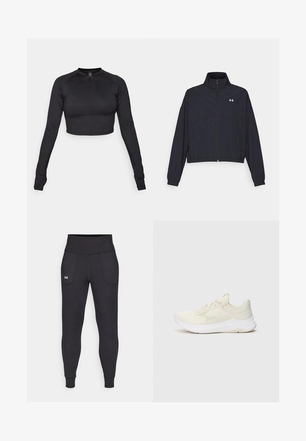 Čierna zipová bunda s vysokým golierom, elastickými manžetami a lemom. Má hladkú textúru a malé biele logo na hrudi.; Čierny skrátený top s dlhými rukávmi a vysokým golierom, predným zipsom, vyrobený z hladkej, elastickej tkaniny; priliehavý strih s raglánovými rukávmi.; Čierne športové legíny vyrobené z elastického materiálu, s vysokým pásom, bočnými vreckami a priliehajúcimi manžetami na členkoch.; Svetlé športové topánky vyrobené z sieťoviny a syntetických materiálov, s textúrovaným zvrškom, polstrovanou podrážkou a jemným brandingom.