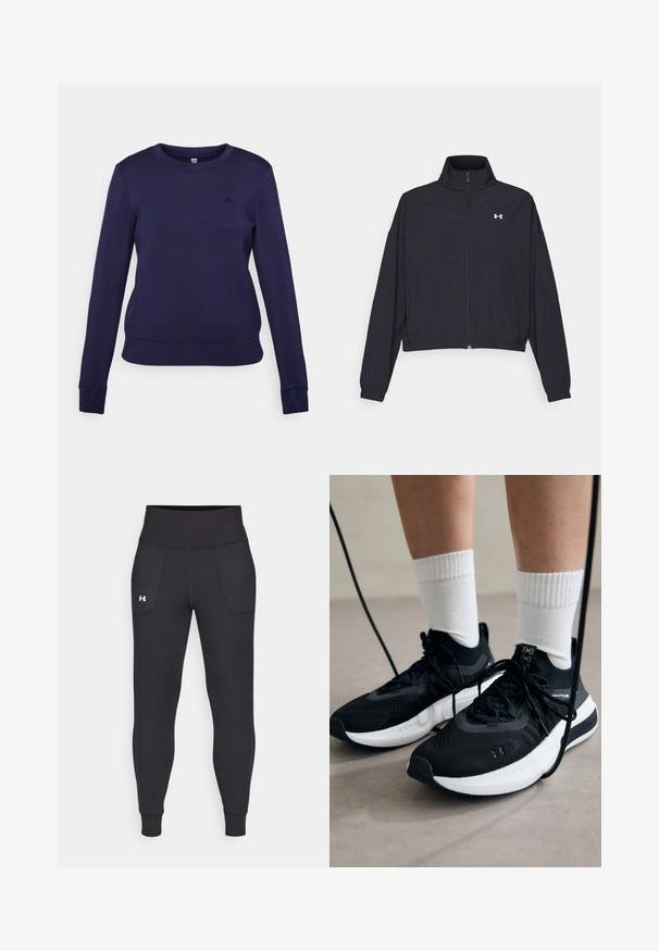 Svart zip-up jacka med hög krage, elastiska ärmslut och fåll. Har en slät textur och en liten vit logotyp på bröstet.; Mörkblå sweatshirt, rund halsringning, långärmad, ribbade muddar och nederkant, tillverkad av mjukt tyg med en subtil logodetalj på bröstet.; Svarta träningsleggings i elastiskt material, med hög midja, sidofickor och åtsittande manschetter vid ankeln.; Svarta sportskor med texturerat tyg, vit sula och svarta snören. Bärs med vita reglerade strumpor, stående på en ljus yta.