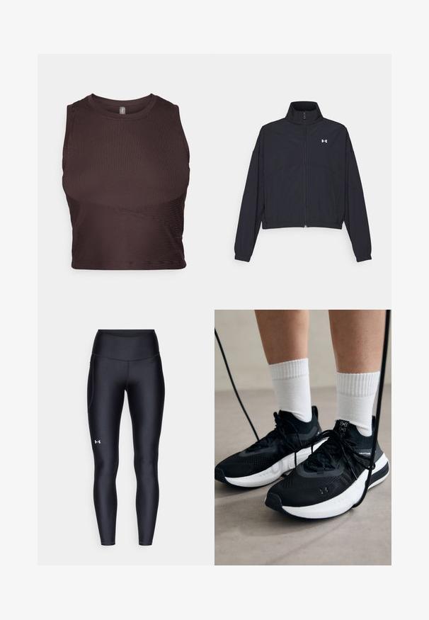 Veste noire zippée avec un col montant, des poignets et un ourlet élastiques. Presentant une texture lisse et un petit logo blanc sur la poitrine.; Crop top côtelé marron foncé avec des bretelles larges, un col rond et un design sans couture. Il présente une silhouette ajustée et un tissu extensible pour le confort.; Leggings noirs en matière lisse et extensible avec une taille haute. Présentent un logo blanc sur la cuisse gauche et un design ajusté.; Chaussures de sport noires en tissu texturé, avec une semelle blanche et des lacets noirs. Portées avec des chaussettes blanches côtelées, debout sur une surface claire.