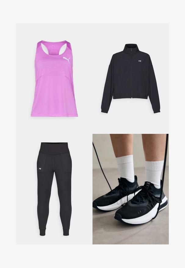 Musta vetoketjullinen takki korkealla kauluksessa, joustavat hihat ja helma. Ominaisuuksiin kuuluu sileä rakenne ja pieni valkoinen logo rinnassa.; Kevyt, hengittävä vaaleanpunainen urheilutoppi, jossa on verkkokangas, urheilullinen taakse avautuva malli ja valkoinen Puma-logo edessä.; Mustat urheiluhousut, jotka on valmistettu venyvästä materiaalista. Niissä on korkea vyötärö, sivutaskut ja tiukat lahkeensuuthteet.; Mustat urheilukengät, joissa on teksturoitua kangasta, valkoiset pohjat ja mustat nauhat. Yhdistetty valkoisten urheilusukkien kanssa, seisten vaalealla pinnalla.