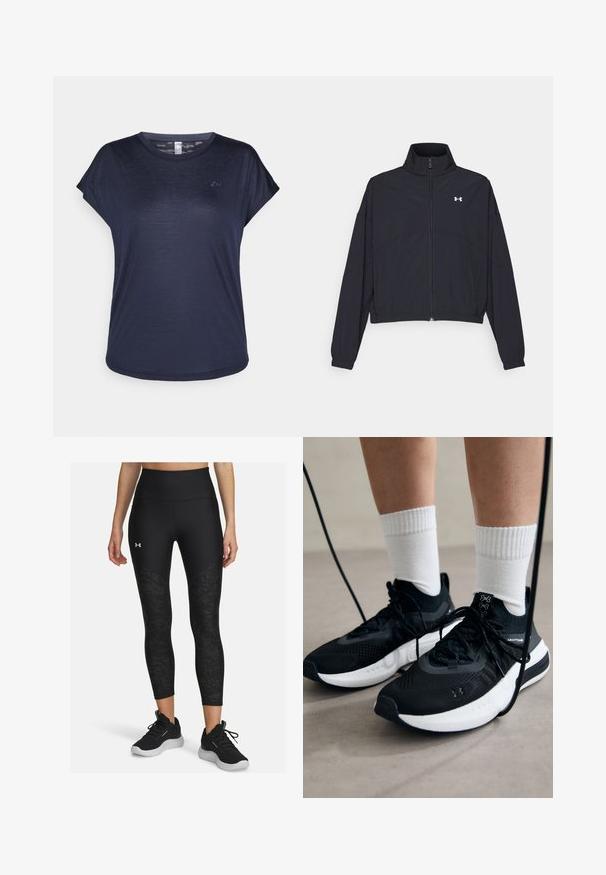 Giacca nera con zip e colletto alto, polsini e orlo elastici. Presenta una texture liscia e un piccolo logo bianco sul petto.; T-shirt blu navy a maniche corte realizzato in tessuto leggero, con scollatura rotonda e un sottile dettaglio del logo sul petto.; Leggings sportivi neri con vita alta, caratterizzati da un motivo testurizzato sui lati, abbinati a scarpe sportive nere.; Scarpe sportive nere con tessuto testurizzato, suola bianca e lacci neri. Indossate con calzini bianchi a costine, in piedi su una superficie chiara.