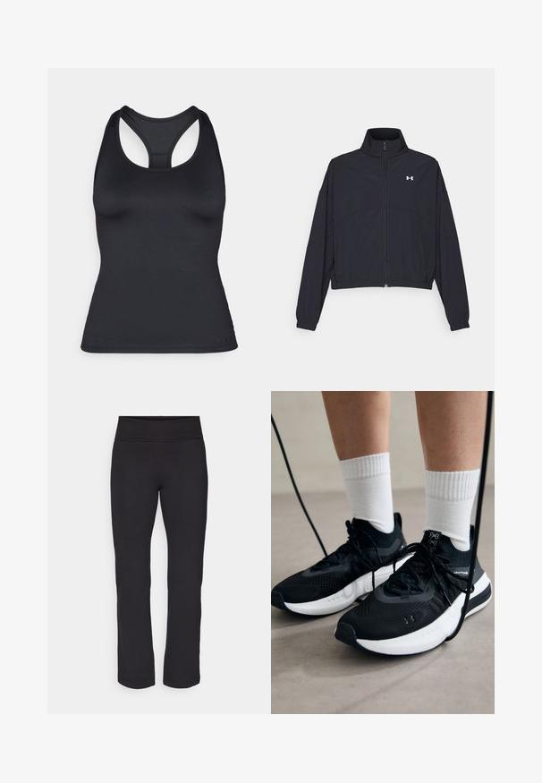 Černá zipová bunda s vysokým límcem, elastickými manžetami a lemem. Má hladkou texturu a malé bílé logo na hrudi.; Černý sportovní tílko s racerback střihem, přiléhavého designu a bezešvými okraji, vyrobené z hladké, elastické tkaniny.; Černé legíny s hladkým, elastickým materiálem a širším pasem. Mají rovné nohavice po celé délce a žádné viditelné vzory či akcenty.; Černé sportovní boty s texturovanou tkaninou, bílou podrážkou a černými tkaničkami. Nosené s bílými žebrovanými ponožkami, stojící na světlém povrchu.