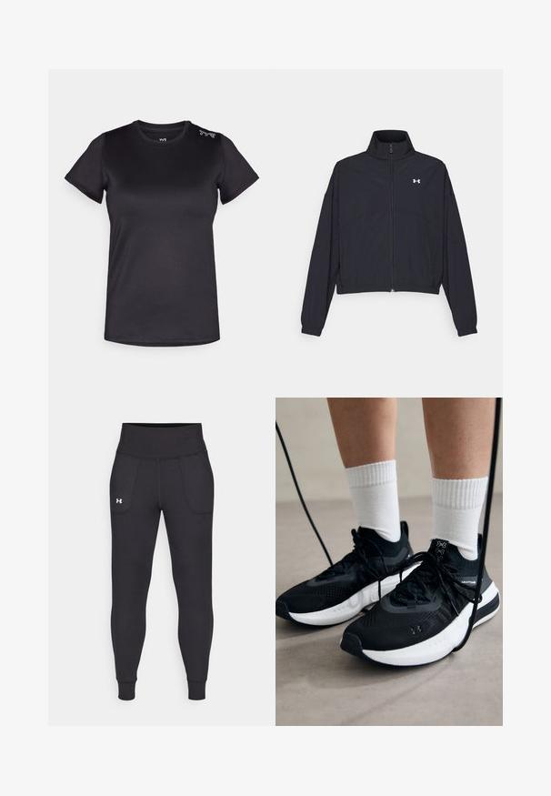 Chaqueta negra con cremallera y cuello alto, con puños y dobladillo elásticos. Presenta una textura suave y un pequeño logo blanco en el pecho.; Camiseta atlética negra de manga corta con acabado texturizado y cuello redondo; cuenta con un logo blanco en el hombro izquierdo.; Leggings deportivos negros hechos de material elástico, con una cintura alta, bolsillos laterales y puños ajustados en el tobillo.; Zapatillas deportivas negras con tela texturizada, suela blanca y cordones negros. Llevadas con calcetines blancos de canalé, de pie sobre una superficie clara.
