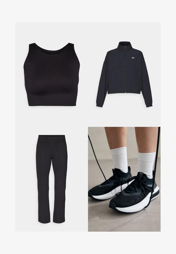 Sort zip-jakke med høj krave, elastiske manchetter og kant. Har en glat tekstur og et lille hvidt logo på brystet.; Sort ribbet crop top med høj halsudskæring og brede armhuller, fremstillet i et blødt, strækbart stof for komfort og et sømløst design.; Sorte leggings med et glat, strækbart stof og en bred talje. De har lige, fuldlængde ben og ingen synlige mønstre eller detaljer.; Sorte sportssko med tekstureret stof, hvid sål og sorte snørebånd. Båret med hvide ribbede sokker, stående på en lys overflade.