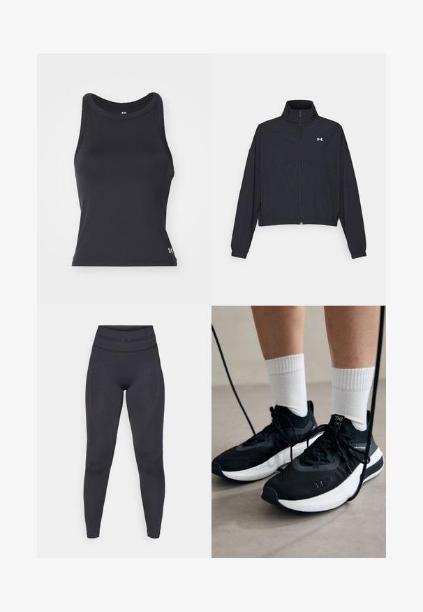 Schwarze Jacke mit Reißverschluss und hohem Kragen, elastischen Bündchen und Saum. Sie hat eine glatte Textur und ein kleines weißes Logo auf der Brust.; Schwarzes, ärmelloses Sporttanktop mit rundem Halsausschnitt, aus glattem, dehnbarem Material gefertigt. Mit einem kleinen Logo unten rechts.; Schwarze Leggings mit einem hohen, elastischen Bund, der den Schriftzug "UNDER ARMOUR" trägt. Glatte Textur mit subtilen Musterakzenten entlang der Beine.; Schwarze Sportschuhe aus strukturiertem Stoff, mit weißer Sohle und schwarzen Schnürsenkeln. Tragen mit weißen gerippten Socken, stehen auf einer hellen Fläche.