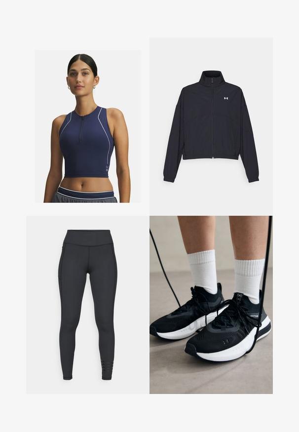 Černá zipová bunda s vysokým límcem, elastickými manžetami a lemem. Má hladkou texturu a malé bílé logo na hrudi.; Námořnické modré sportovní crop top s půlzipem, bez rukávů, s perforovanou texturou pro prodyšnost a bílou akcentní nití.; Černé legíny vyrobené z elastického materiálu, s vysokým pasem, elegantním designem a pruhovanými akcenty poblíž kotníků.; Černé sportovní boty s texturovanou tkaninou, bílou podrážkou a černými tkaničkami. Nosené s bílými žebrovanými ponožkami, stojící na světlém povrchu.