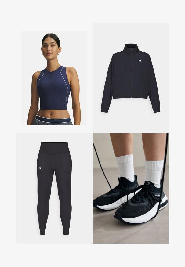 Giacca nera con zip e colletto alto, polsini e orlo elastici. Presenta una texture liscia e un piccolo logo bianco sul petto.; Top sportivo corto blu navy con mezza zip, design senza maniche, texture perforata per la traspirabilità e cuciture di accento bianche.; Leggings atletici neri realizzati in materiale elastico, con un alto giro vita, tasche laterali e polsini aderenti alla caviglia.; Scarpe sportive nere con tessuto testurizzato, suola bianca e lacci neri. Indossate con calzini bianchi a costine, in piedi su una superficie chiara.