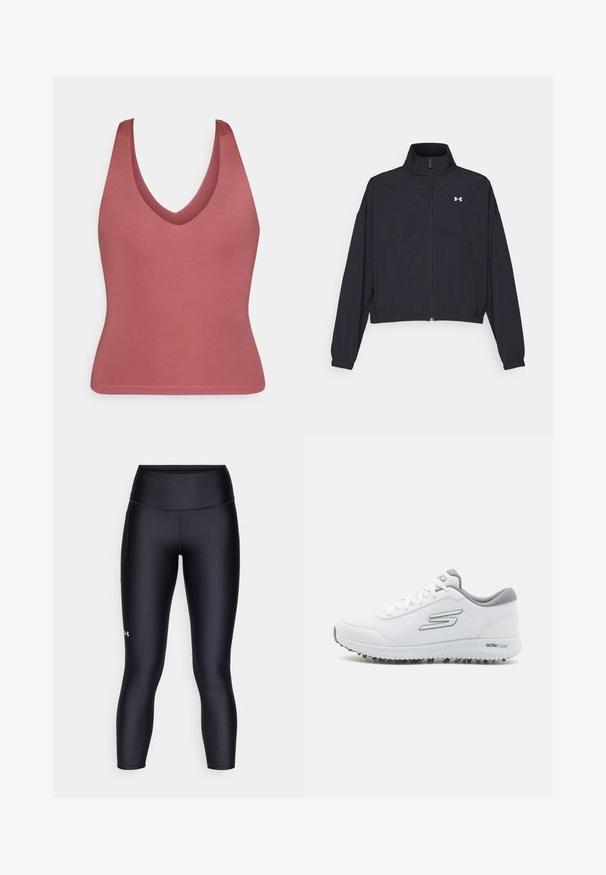 Black zip-up jacket with a high collar, elastic cuffs, and hem. Features a smooth texture and a small white logo on the chest.; V-neck sleeveless top in muted pink, made of smooth fabric. Form-fitting design with a simple, seamless hem and no additional embellishments.; Black leggings made of smooth, stretchy fabric. High-waisted design with a close fit and a small logo on the left leg.; White athletic shoes with a textured mesh upper, silver accents, and a lightweight sole featuring small traction studs, labeled "ULTRA FLIGHT."