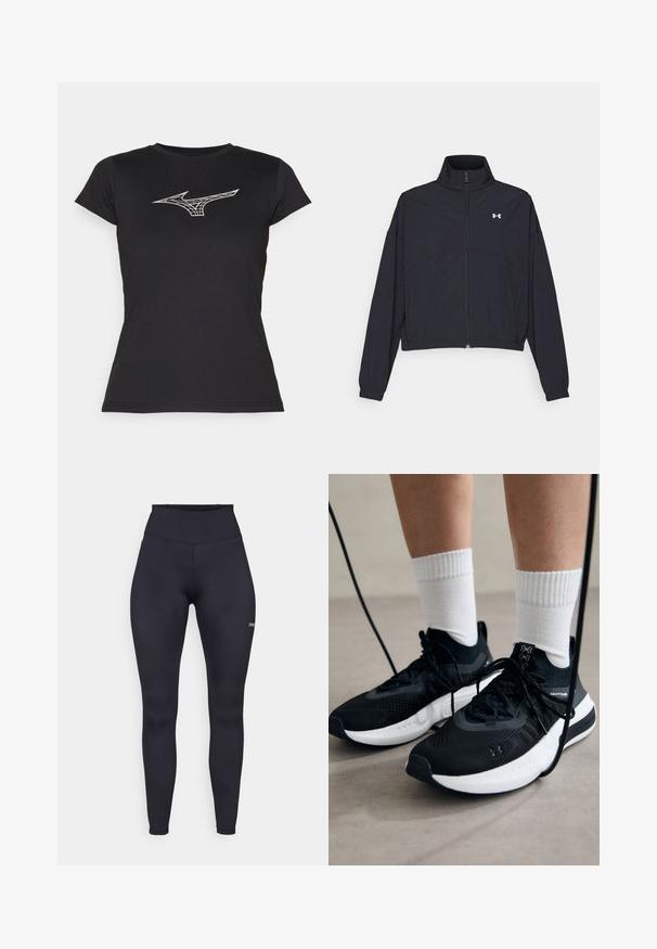 Must Musta tõmblukuga jakk, millel on kõrge krae, elastsed mansetid ja alläär. Omab sujuvat tekstuuri ja rinnal väikest valget logo.; Must have lühikeste varrukatega must t-särk, mis on valmistatud puuvillast, esiküljel valge geomeetrilise Mizuno logoga. Klasikalisest ümmargusest kaelusest disain.; Kõrge vöökohaga mustad legginsid, valmistatud venivast kangast, millel on sile tekstuur ja väike logo alumisel jalal. Kehakujuline disain.; Mustad mustad jalanõud tekstuuritud kangast, valge tallaga ja mustade paeltega. Kanna valgete soonikkudega sokkide sisse, seistes helesinisel pinnal.