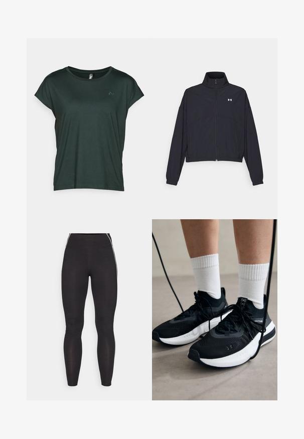 Must Musta tõmblukuga jakk, millel on kõrge krae, elastsed mansetid ja alläär. Omab sujuvat tekstuuri ja rinnal väikest valget logo.; ONLY Play ONPAUBREE LIFE ON BAT LOOSE TEE - Lihtne T-särk - scarab; Mustad mustad retuusid, mis on valmistatud venivast materjalist ja kõrge vöökoht. Omab valgeid külgkreedo ja ühtlast tekstuuri.; Mustad mustad jalanõud tekstuuritud kangast, valge tallaga ja mustade paeltega. Kanna valgete soonikkudega sokkide sisse, seistes helesinisel pinnal.