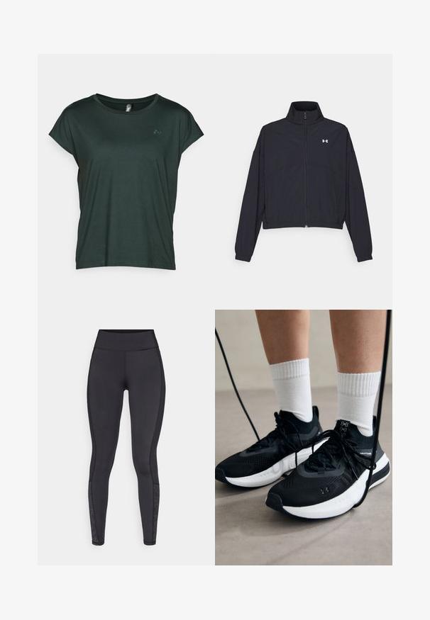 Svart zip-up jacka med hög krage, elastiska ärmslut och fåll. Har en slät textur och en liten vit logotyp på bröstet.; ONLY Play ONPAUBREE LIFE ON BAT LOOSE TEE - T-shirt - bas - scarab; Svarta leggings i elastiskt material. Hög midjeresår, slät ytstruktur, med mönstrade detaljer vid underbenet.; Svarta sportskor med texturerat tyg, vit sula och svarta snören. Bärs med vita reglerade strumpor, stående på en ljus yta.