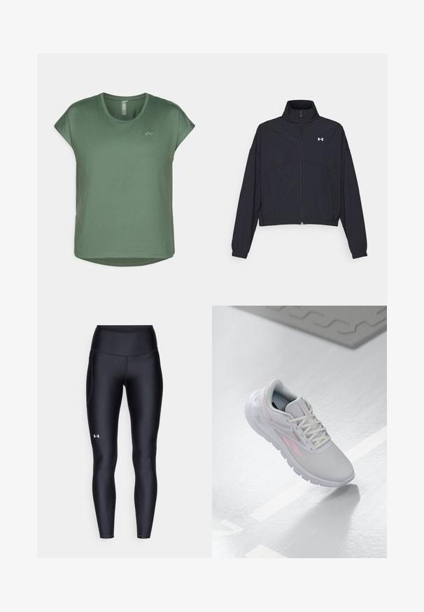 Chaqueta negra con cremallera y cuello alto, con puños y dobladillo elásticos. Presenta una textura suave y un pequeño logo blanco en el pecho.; Camiseta verde de manga corta con cuello redondo, fabricada en un tejido suave, con un corte relajado y un discreto detalle del logo en la parte frontal.; Leggings negros hechos de un material suave y elástico con una cintura alta. Presentan un logo blanco en el muslo izquierdo y un diseño ajustado.; Zapatilla deportiva de color gris claro con acentos en rosa, parte superior de malla, punta redondeada, suela acolchada y cierre con cordones. La superficie es lisa y reflectante.