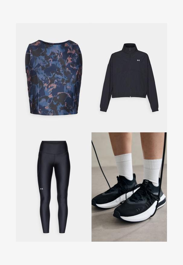 Black zip-up jacket with a high collar, elastic cuffs, and hem. Features a smooth texture and a small white logo on the chest.; Navy and black top with a floral pattern in shades of blue and peach, featuring a round neckline and structured design.; Black leggings made of smooth, stretchy material with a high waistband. Features a white logo on the left thigh and fitted design.; Black athletic shoes with textured fabric, white sole, and black laces. Worn with white ribbed socks, standing on a light surface.