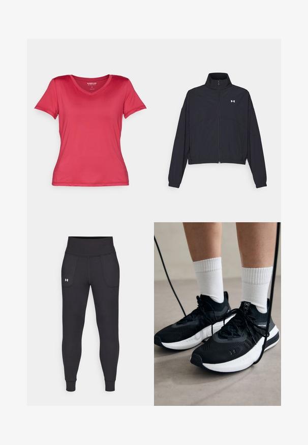 Black zip-up jacket with a high collar, elastic cuffs, and hem. Features a smooth texture and a small white logo on the chest.; V-neck, short-sleeve t-shirt in bright pink, made of smooth, stretchable fabric. Features a fitted design with clean lines and no visible patterns.; Black athletic leggings made from stretchy material, featuring a high waistband, side pockets, and fitted cuffs at the ankle.; Black athletic shoes with textured fabric, white sole, and black laces. Worn with white ribbed socks, standing on a light surface.