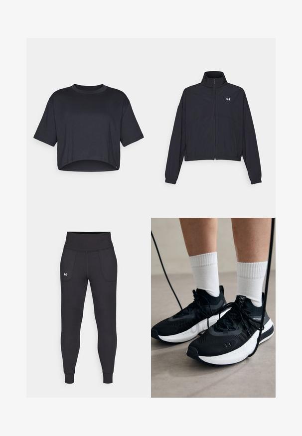 Zwarte zip-up jas met een hoge kraag, elastische manchetten en zoom. Beschikt over een soepele textuur en een klein wit logo op de borst.; Gesneden zwart T-shirt van zachte katoen, met een ronde halslijn en korte mouwen met een nette zoom en zonder zichtbare patronen of accenten.; Zwarte sportleggings van rekbaar materiaal, met een hoge tailleband, zijzakken en aansluitende boorden bij de enkels.; Zwarte sportschoenen van gestructureerde stof, met een witte zool en zwarte veters. Draag ze met witte geribde sokken, staand op een lichte ondergrond.