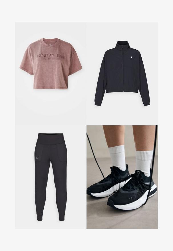 Black zip-up jacket with a high collar, elastic cuffs, and hem. Features a smooth texture and a small white logo on the chest.; Cropped, short-sleeve t-shirt in dusty rose color, made of soft fabric. Features embossed text "PROJECT ROCK" and "STOP FOR NOTHING" on the front.; Black athletic leggings made from stretchy material, featuring a high waistband, side pockets, and fitted cuffs at the ankle.; Black athletic shoes with textured fabric, white sole, and black laces. Worn with white ribbed socks, standing on a light surface.