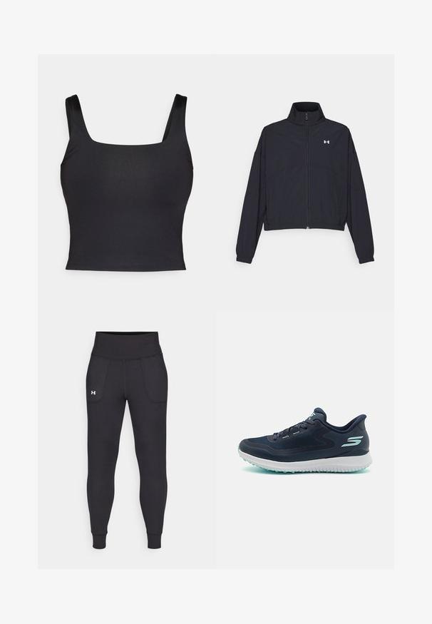 Černá zipová bunda s vysokým límcem, elastickými manžetami a lemem. Má hladkou texturu a malé bílé logo na hrudi.; Černý crop top se čtvercovým výstřihem a širokými ramínky. Vyrobeno z hladkého, elastického materiálu s přiléhavým střihem. Bez ozdob.; Černé sportovní legíny vyrobené z elastického materiálu, s vysokým pasem, bočními kapsami a úzkými manžetami na kotnících.; Námořnické modré běžecké boty s prodyšným síťovaným svrškem, bílou mezipodešví a světle modrými akcenty. Mají strukturovanou podrážku pro lepší přilnavost.