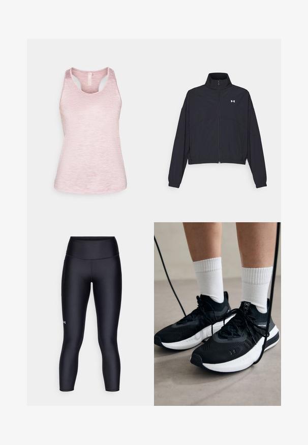 Zwarte zip-up jas met een hoge kraag, elastische manchetten en zoom. Beschikt over een soepele textuur en een klein wit logo op de borst.; Lichtroze mouwloos tanktop met een gemêleerde textuur, ronde halslijn en uitsnijding aan de achterkant. Zacht materiaal met een ontspannen pasvorm.; Zwarte leggings van glad, rekbaar materiaal. Hoog ingezette taille met een nauwsluitende pasvorm en een klein logo op het linkerpedaal.; Zwarte sportschoenen van gestructureerde stof, met een witte zool en zwarte veters. Draag ze met witte geribde sokken, staand op een lichte ondergrond.