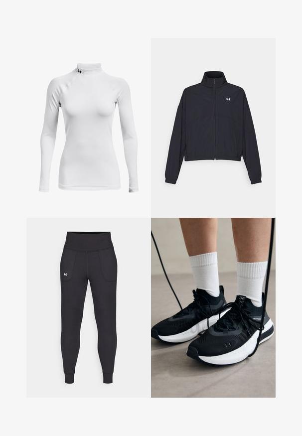 Giacca nera con zip e colletto alto, polsini e orlo elastici. Presenta una texture liscia e un piccolo logo bianco sul petto.; Maglietta sportiva bianca a maniche lunghe con collo alto, realizzata in tessuto liscio e elasticizzato; presenta maniche raglan e un piccolo logo nero.; Leggings atletici neri realizzati in materiale elastico, con un alto giro vita, tasche laterali e polsini aderenti alla caviglia.; Scarpe sportive nere con tessuto testurizzato, suola bianca e lacci neri. Indossate con calzini bianchi a costine, in piedi su una superficie chiara.