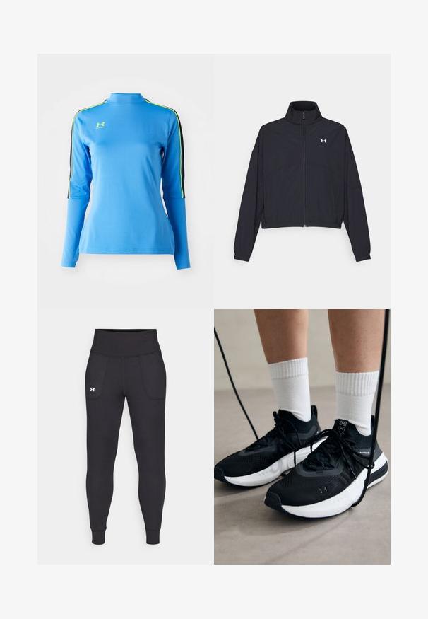 Must Musta tõmblukuga jakk, millel on kõrge krae, elastsed mansetid ja alläär. Omab sujuvat tekstuuri ja rinnal väikest valget logo.; Hele sinine pikkade varrukatega sporttop kõrge kaelusega. Õlgadel on mustad ja neoonrohelised triibud. Sujuv ja venitav materjal.; Mustad must-harjutuslegid, mis on valmistatud elastse materjali jaoks, kõrge vöökoha, küljetaskute ja tihedalt istuvate pahkluude vahega.; Mustad mustad jalanõud tekstuuritud kangast, valge tallaga ja mustade paeltega. Kanna valgete soonikkudega sokkide sisse, seistes helesinisel pinnal.