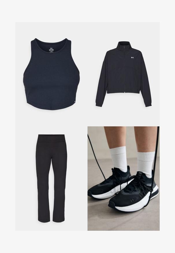 Black zip-up jacket with a high collar, elastic cuffs, and hem. Features a smooth texture and a small white logo on the chest.; Navy blue cropped tank top made of ribbed fabric, featuring a round neck and wide shoulder straps, with a small logo tag at the hem.; Black leggings with a smooth, stretchy fabric and a wide waistband. They have straight, full-length legs and no visible patterns or accents.; Black athletic shoes with textured fabric, white sole, and black laces. Worn with white ribbed socks, standing on a light surface.