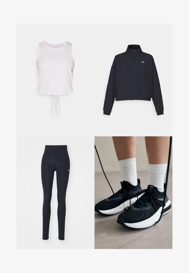 Schwarze Jacke mit Reißverschluss und hohem Kragen, elastischen Bündchen und Saum. Sie hat eine glatte Textur und ein kleines weißes Logo auf der Brust.; Weißes, kurzes Tanktop aus weichem Stoff, mit Rundhalsausschnitt und einem Knoten-Detail am Saum für eine taillierte Optik.; Schwarze Sportleggings aus dehnbarem Stoff, mit einem hohen Taillenbund, seitlichen Taschen und einem kleinen Logo am Unterschenkel.; Schwarze Sportschuhe aus strukturiertem Stoff, mit weißer Sohle und schwarzen Schnürsenkeln. Tragen mit weißen gerippten Socken, stehen auf einer hellen Fläche.