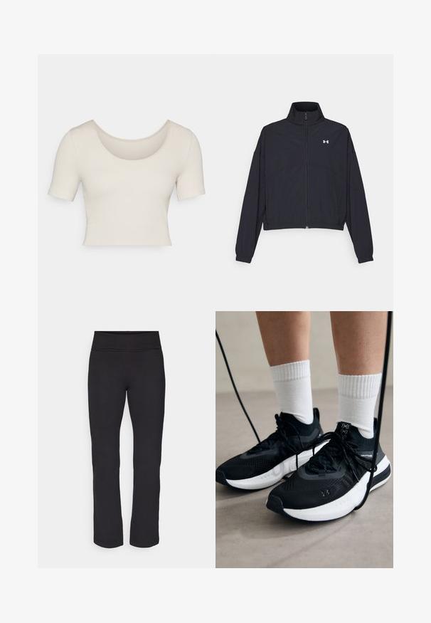 Giacca nera con zip e colletto alto, polsini e orlo elastici. Presenta una texture liscia e un piccolo logo bianco sul petto.; Top corto a maniche corte in morbido tessuto a coste beige chiaro. Presenta una ampia scollatura a barca e una vestibilità aderente, che mette in risalto una consistenza liscia.; Leggings neri realizzati in un tessuto liscio ed elastico, con una cintura larga. Hanno gambe dritte e di lunghezza intera, senza motivi o accenti visibili.; Scarpe sportive nere con tessuto testurizzato, suola bianca e lacci neri. Indossate con calzini bianchi a costine, in piedi su una superficie chiara.