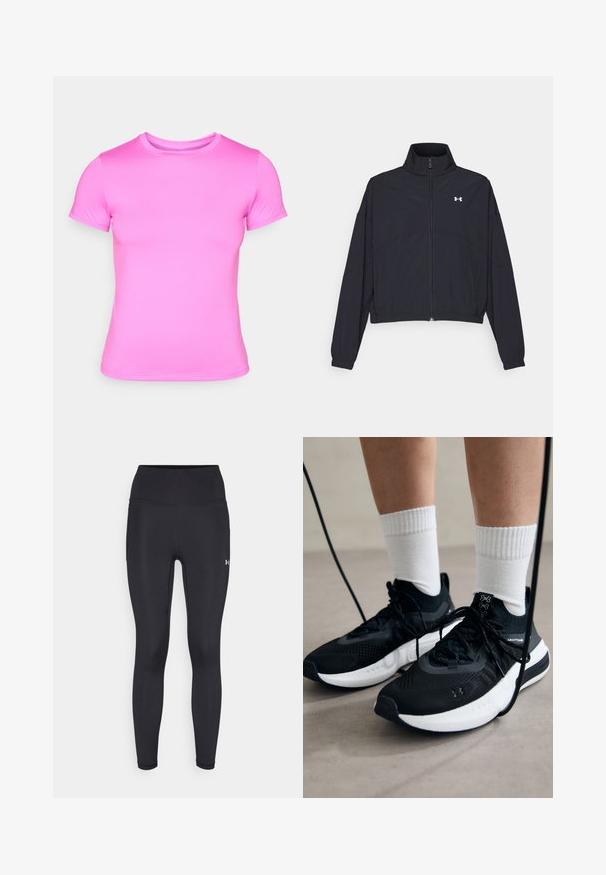 Giacca nera con zip e colletto alto, polsini e orlo elastici. Presenta una texture liscia e un piccolo logo bianco sul petto.; T-shirt rosa a maniche corte realizzato in tessuto liscio e elastico. Presenta un classico collo a giro e spalle senza cuciture.; Leggings neri a vita alta realizzati in materiale morbido e elasticizzato. Presentano cuciture piatte e un piccolo logo sulla gamba destra in basso.; Scarpe sportive nere con tessuto testurizzato, suola bianca e lacci neri. Indossate con calzini bianchi a costine, in piedi su una superficie chiara.