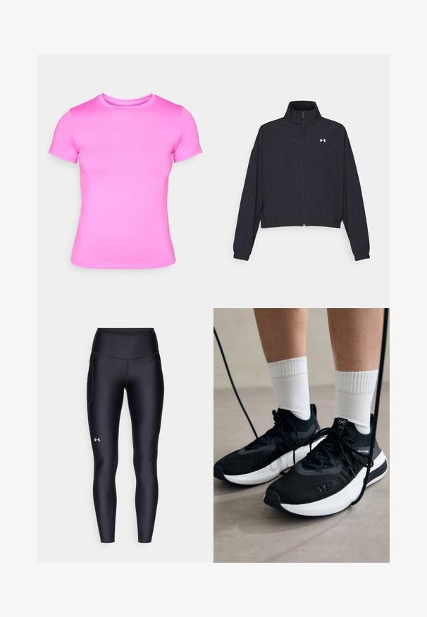 Sort zip-jakke med høj krave, elastiske manchetter og kant. Har en glat tekstur og et lille hvidt logo på brystet.; Lys pink kortærmet T-shirt lavet af glat, strækbart stof. Har en klassisk rund halsudskæring og sømløse skuldre.; Sorte leggings lavet af glat, strækbart materiale med høj talje. Har et hvidt logo på venstre lår og en tætsiddende design.; Sorte sportssko med tekstureret stof, hvid sål og sorte snørebånd. Båret med hvide ribbede sokker, stående på en lys overflade.