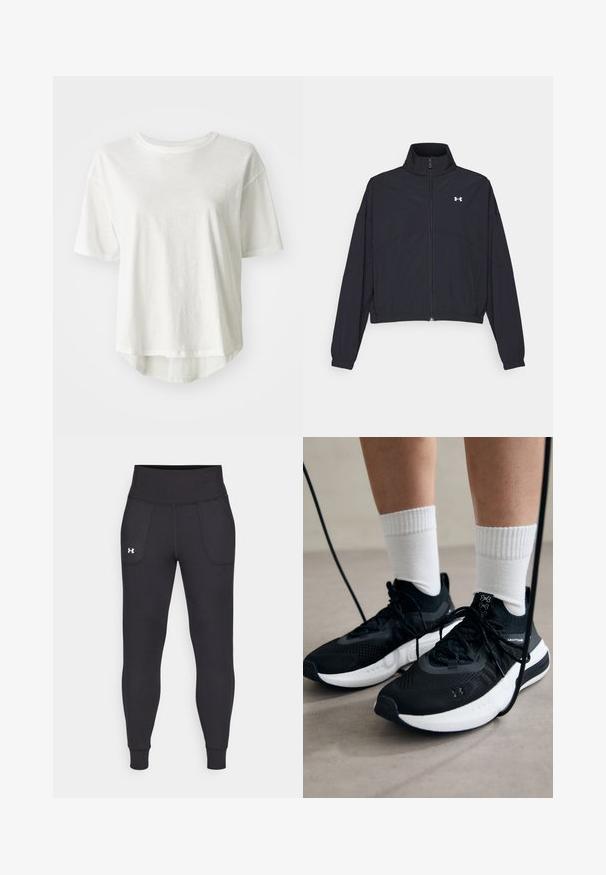 Black zip-up jacket with a high collar, elastic cuffs, and hem. Features a smooth texture and a small white logo on the chest.; White short-sleeve t-shirt, round neckline, lightweight material, slightly longer back hem, smooth texture with a subtle sheen.; Black athletic leggings made from stretchy material, featuring a high waistband, side pockets, and fitted cuffs at the ankle.; Black athletic shoes with textured fabric, white sole, and black laces. Worn with white ribbed socks, standing on a light surface.