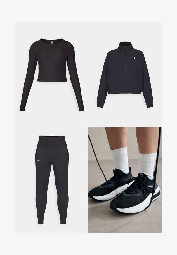 Zwarte zip-up jas met een hoge kraag, elastische manchetten en zoom. Beschikt over een soepele textuur en een klein wit logo op de borst.; Zwart cropped top met lange mouwen, gemaakt van ribbelstof. Heeft een ronde halslijn en een getailleerde pasvorm met een gestructureerd oppervlak.; Zwarte sportleggings van rekbaar materiaal, met een hoge tailleband, zijzakken en aansluitende boorden bij de enkels.; Zwarte sportschoenen van gestructureerde stof, met een witte zool en zwarte veters. Draag ze met witte geribde sokken, staand op een lichte ondergrond.