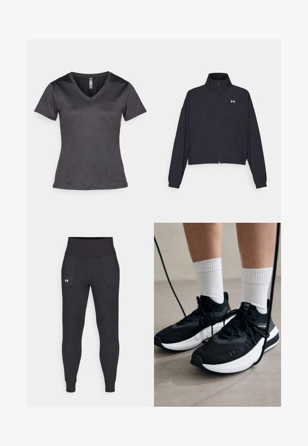 Must Musta tõmblukuga jakk, millel on kõrge krae, elastsed mansetid ja alläär. Omab sujuvat tekstuuri ja rinnal väikest valget logo.; Tumehall V-kaelusega T-särk lühikeste varrukatega, valmistatud siledast kangast. Omab rinna peal peent logo ja slim fit disaini.; Mustad must-harjutuslegid, mis on valmistatud elastse materjali jaoks, kõrge vöökoha, küljetaskute ja tihedalt istuvate pahkluude vahega.; Mustad mustad jalanõud tekstuuritud kangast, valge tallaga ja mustade paeltega. Kanna valgete soonikkudega sokkide sisse, seistes helesinisel pinnal.