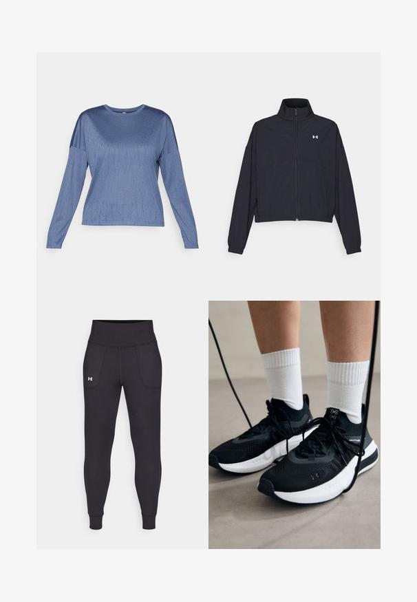 Black zip-up jacket with a high collar, elastic cuffs, and hem. Features a smooth texture and a small white logo on the chest.; Long-sleeve blue top featuring a smooth texture, round neckline, and slightly dropped shoulders. Subtle pattern adds visual interest.; Black athletic leggings made from stretchy material, featuring a high waistband, side pockets, and fitted cuffs at the ankle.; Black athletic shoes with textured fabric, white sole, and black laces. Worn with white ribbed socks, standing on a light surface.