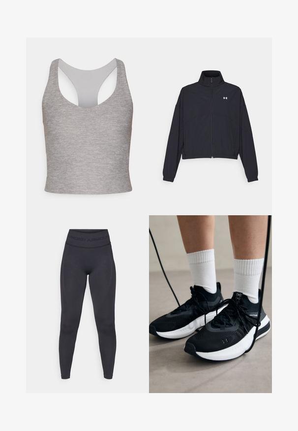 Schwarze Jacke mit Reißverschluss und hohem Kragen, elastischen Bündchen und Saum. Sie hat eine glatte Textur und ein kleines weißes Logo auf der Brust.; Grauer ärmelloser Cropped-Top mit weitem Rundhalsausschnitt und einem ausgeschnittenen Rücken. Hergestellt aus weichem, elastischem Stoff mit glatter Textur.; Schwarze Leggings mit einem hohen, elastischen Bund, der den Schriftzug "UNDER ARMOUR" trägt. Glatte Textur mit subtilen Musterakzenten entlang der Beine.; Schwarze Sportschuhe aus strukturiertem Stoff, mit weißer Sohle und schwarzen Schnürsenkeln. Tragen mit weißen gerippten Socken, stehen auf einer hellen Fläche.