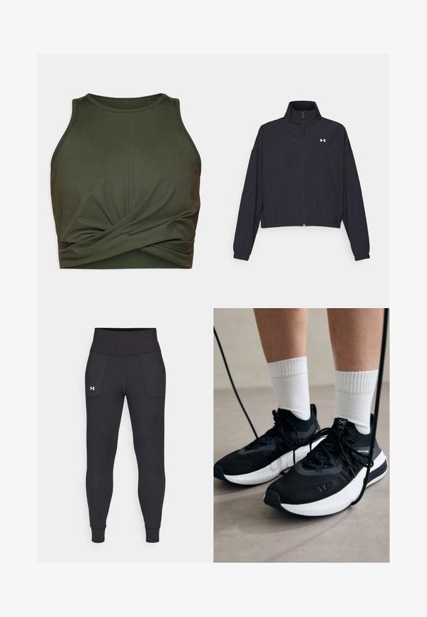 Svart zip-up jacka med hög krage, elastiska ärmslut och fåll. Har en slät textur och en liten vit logotyp på bröstet.; Mörkgrön sporttopp i stretchigt material. Har rund halsringning och en rynkad detalj vid fållen.; Svarta träningsleggings i elastiskt material, med hög midja, sidofickor och åtsittande manschetter vid ankeln.; Svarta sportskor med texturerat tyg, vit sula och svarta snören. Bärs med vita reglerade strumpor, stående på en ljus yta.