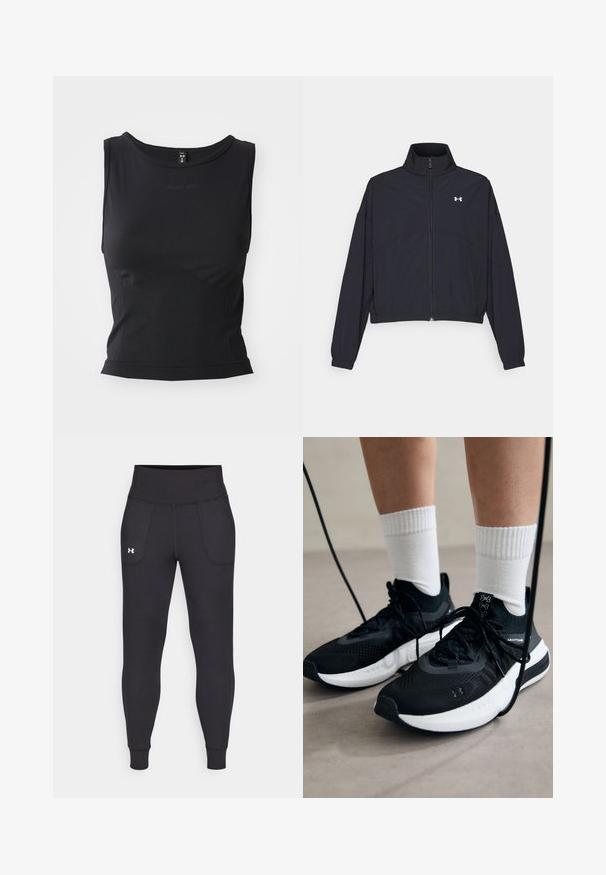 Sort zip-jakke med høj krave, elastiske manchetter og kant. Har en glat tekstur og et lille hvidt logo på brystet.; Sort ærmeløs træningstop lavet af glat stof, med en rund halsudskæring og en tætsiddende silhuet med diskret logo-detalje.; Sorte atletiske leggings lavet af strækbart materiale, med høj talje, sidelommer og tætsiddende manchetter ved anklerne.; Sorte sportssko med tekstureret stof, hvid sål og sorte snørebånd. Båret med hvide ribbede sokker, stående på en lys overflade.