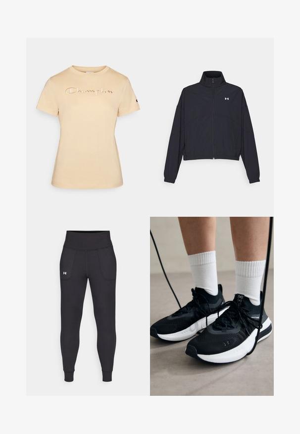 Must Musta tõmblukuga jakk, millel on kõrge krae, elastsed mansetid ja alläär. Omab sujuvat tekstuuri ja rinnal väikest valget logo.; Beige lühikeste varrukatega T-särk, mis on valmistatud pehmest puuvillast, sisaldab kergelt värvitud "Champion" logot rinnal ja väikest logo varrukal.; Mustad must-harjutuslegid, mis on valmistatud elastse materjali jaoks, kõrge vöökoha, küljetaskute ja tihedalt istuvate pahkluude vahega.; Mustad mustad jalanõud tekstuuritud kangast, valge tallaga ja mustade paeltega. Kanna valgete soonikkudega sokkide sisse, seistes helesinisel pinnal.