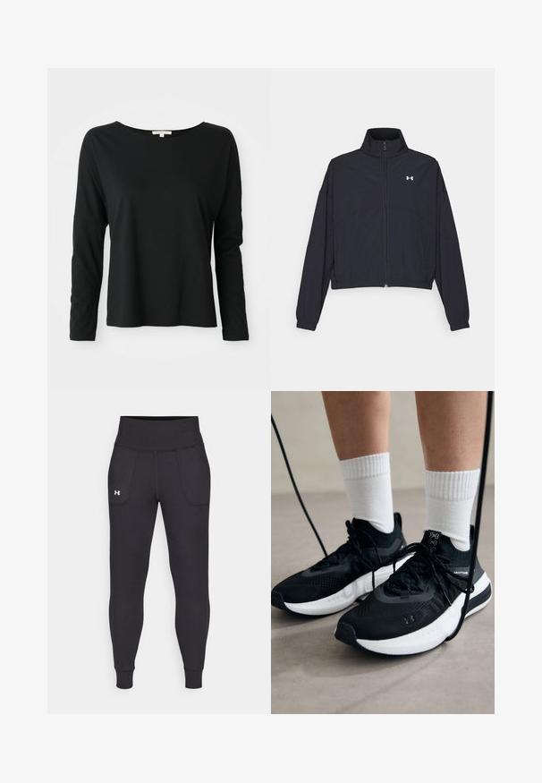 Schwarze Jacke mit Reißverschluss und hohem Kragen, elastischen Bündchen und Saum. Sie hat eine glatte Textur und ein kleines weißes Logo auf der Brust.; Schwarzes Langarm-T-Shirt mit Rundhalsausschnitt, locker sitzend und mit abgesenkten Schultern, auf einem weißen Hintergrund präsentiert.; Schwarze Sportleggings aus dehnbarem Material, mit hohem Taillenbund, seitlichen Taschen und schmalen Bündchen am Knöchel.; Schwarze Sportschuhe aus strukturiertem Stoff, mit weißer Sohle und schwarzen Schnürsenkeln. Tragen mit weißen gerippten Socken, stehen auf einer hellen Fläche.