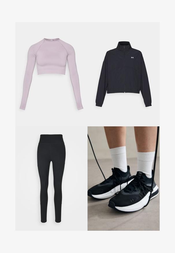 Černá zipová bunda s vysokým límcem, elastickými manžetami a lemem. Má hladkou texturu a malé bílé logo na hrudi.; Levandulový dlouhý rukáv zkrácený top vyrobený z elastického materiálu. Má kulatý výstřih a žebrovaný lem. Hladká textura s přiléhavým střihem.; Černé legíny vyrobené z elastické látky, s vysokým pasem, žebrovanými panely po stranách a přiléhavým designem na kotnících.; Černé sportovní boty s texturovanou tkaninou, bílou podrážkou a černými tkaničkami. Nosené s bílými žebrovanými ponožkami, stojící na světlém povrchu.