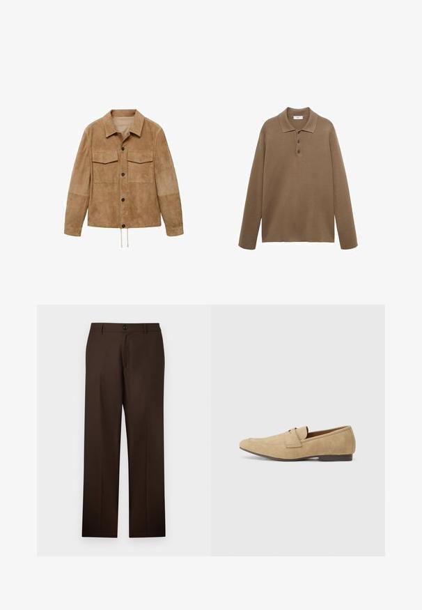 Tan suede jacket with two chest pockets, black buttons, and a drawstring at the hem. Features a collared neckline and long sleeves.; Brown long-sleeve polo shirt with collar and three buttons, displayed flat on a white background.; Brown, tailored trousers with a straight-leg design, button closure, and smooth fabric texture. No visible patterns or accents.; Suede loafers in beige with a slight shine, featuring a rounded toe, slip-on design, and a low brown heel. Subtle stitching detail.