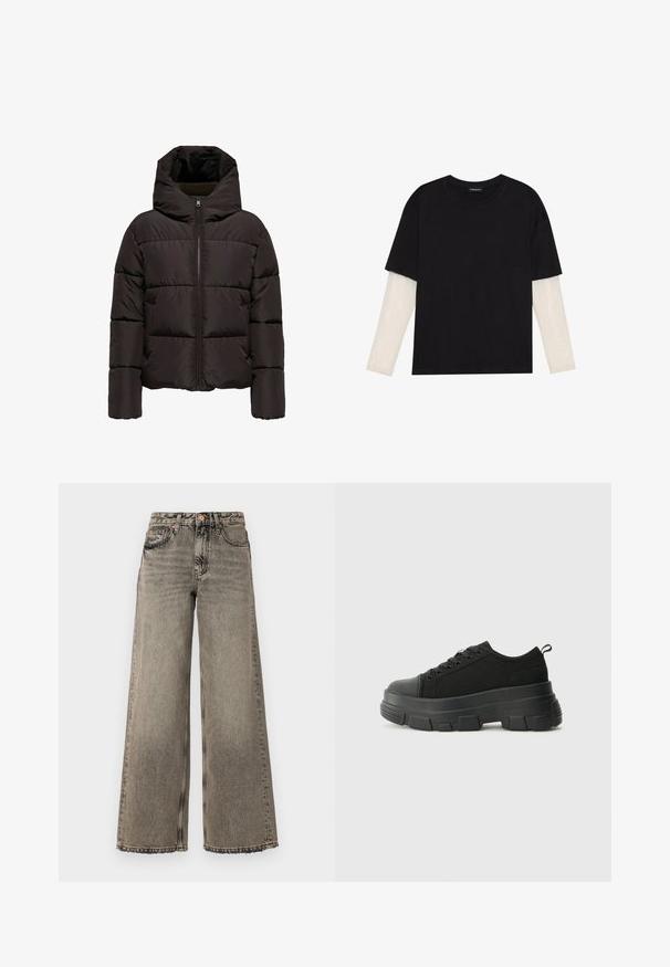 Mustapuffer-takki, jossa on huppu, vaakasuorat tikatut osat, etuvetoketjusulku ja elastiset hihansuut. Sujuva, synteettinen pinta.; Mustapaita, joka on valmistettu puuvillasta ja jossa on lyhyet hihat valkoisen pitkähihasen kerroksen päällä, jossa on hienovarainen teksturoitu kuvio. Pyöreä kaula-aukko.; Niskohihnaiset farkut haalistuneessa harmaassa denimmissä, joissa on korkea vyötärö, viisi taskua ja rispaantunut helma. Kuparinväriset yksityiskohdat.; Mustat urheilukengät, joissa on paksu kumipohja, teksturoitu kangasvarsi, pyöreä kärki ja nauhalukitus. Varusteena vahvistetut nauhareiät ja takana vetotanko.