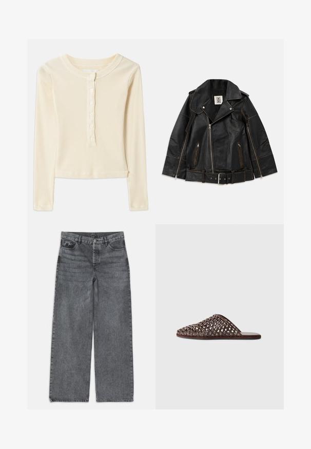 Juodas odinis moto švarkas su plačiu apykakle, užtrauktuku priekyje, keliais kišenėmis ir kontrastinga ruda siūlė. Yra diržas juosmeniui.; Šviesiai geltona, raižyta ilgos rankovės palaidinė su apvalia iškirpte ir šešiais sagų užsegimais priekyje. Turinti trumpą hemą ir minkštą tekstūrą.; Platus kojų džinsai tamsiai pilko džinsinio audinio. Yra aukšta liemenė, penkių kišenių dizainas ir priekinis sagčių uždarymas. Lygus paviršius su subtiliu dėvėjimosi efektu.; Rudos pynimo dizaino šlepečiai su apvaliu priekiu, atvira struktūra, plokščiu padu ir tekstūruota paviršiumi. Lengvas audinys ir minimalistiška siluetas.