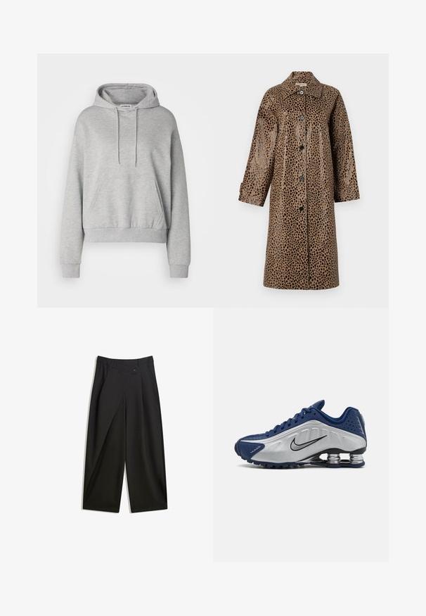 Brun leopardprintet frakke med en blank overflade, der har krave, lange ærmer og sorte knapper fortil.; Grå hættetrøje lavet af bomuldsblanding, med en kængurulomme, snoretræk i hætten, lange ærmer samt ribstrikkede manchetter og kant.; Sort bomuldsblandet t-shirt med rund hals, korte ærmer og en afslappet pasform. Etiketten siger "WEEKDAY" på indersiden af halsen.; Sorte vidde bukser lavet af glat stof. Har en frontfold, knaplukning og en skræddersyet talje for en strømlinet pasform.; Blå og sølv atletik sko med en tekstureret overdel, perforeringer og en buet sål med metalliske dæmpningselementer. Sort logo accent.
