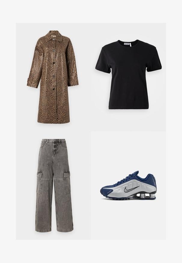 Brown leopard print coat with a glossy texture, featuring a collar, long sleeves, and black buttons along the front.; Black cotton blend t-shirt with a round neck, short sleeves, and a relaxed fit. Label reads "WEEKDAY" on the inside neck.; Cargo pants in grey denim with a wide leg, multiple front pockets, reinforced seams, and a high waist design.; Blue and silver athletic shoes with a textured upper, perforations, and a curved sole featuring metallic cushioning elements. Black logo accent.