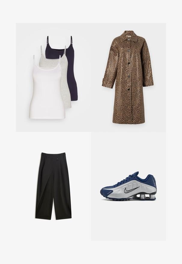 Bruine leopardprint jas met een glanzende textuur, met een kraag, lange mouwen en zwarte knopen aan de voorkant.; Drie tanktops in het wit, grijs en donker marineblauw. Gemaakt van zachte katoen, met dunne bandjes en een getailleerd ontwerp zonder versieringen.; Zwarte wijde broek van soepel materiaal. Beschikt over een voorkant met plooi, een knoopsluiting en een op maat gemaakte tailleband voor een gestroomlijnde pasvorm.; Blauwe en zilveren sportieve schoenen met een gestructureerde bovenkant, perforaties en een gebogen zool met metallic schokdempers. Zwarte logo-accent.