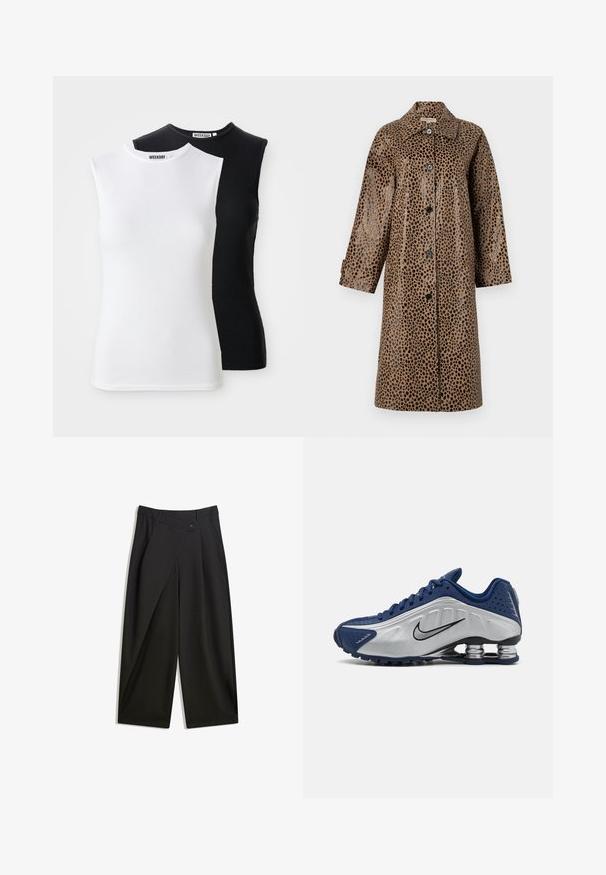 Brown leopard print coat with a glossy texture, featuring a collar, long sleeves, and black buttons along the front.; Two sleeveless ribbed tops in white and black. Features a high neckline and a fitted design. Fabric is soft and stretchy. Brand label visible.; Black wide-leg trousers made of smooth fabric. Features a front pleat, button closure, and a tailored waistband for a streamlined fit.; Blue and silver athletic shoes with a textured upper, perforations, and a curved sole featuring metallic cushioning elements. Black logo accent.