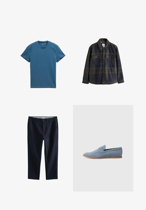 Chaqueta de camisa de franela en azul marino y gris con un patrón de cuadros. Presenta dos bolsillos frontales con botón y un cuello.; Camiseta de manga corta en un intenso tono azul verdoso, hecha de algodón suave. Presenta un escote redondo y una textura suave y uniforme con detalles de costura simples.; Pantalones casuales azul marino con cintura elástica, bolsillos frontales y una textura suave. Presenta una pequeña etiqueta con el logo cerca de la cintura.; Mocasin de ante azul claro con textura suave, costura decorativa y suela de goma marrón. Presenta un diseño de ranura para moneda en la parte superior.