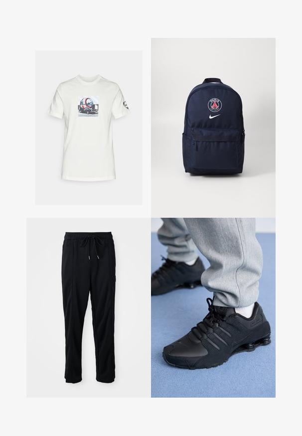 FC Barcelona Nike-jacka i mörkblått med korallfärger, med hel dragkedja, hög krage och logotyp på bröstet och ärmen.; Vit bomull t-shirt med ett grafiskt tryck av ett futuristiskt fordon med cirkulär design, visad mot en ljusblå geometrisk bakgrund.; Svarta byxor med dragsko i midjan, avslappnad stil, med sidfickor och rak benklippning på en plain bakgrund.; Person som bär svarta Nike Shox-sneakers och grå träningsbyxor stående på en ljusblå matta.; Marinblå ryggsäck med dragkedja, utrustad med en framficka och en Paris Saint-Germain-logotyp i rött, vitt och blått. Nike-logotyp längst ner.